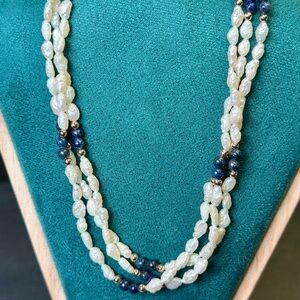 1950s Rice Pearl Lapis Lazuli Necklace